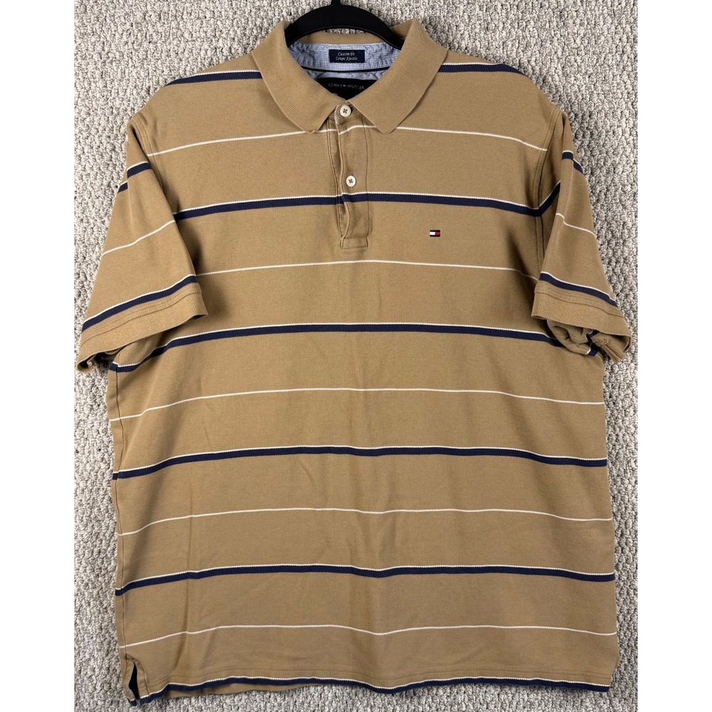 Tommy Hilfiger Custom Fit Polo Shirt XL Tan Striped Short Sleeve Cotton Golf D40